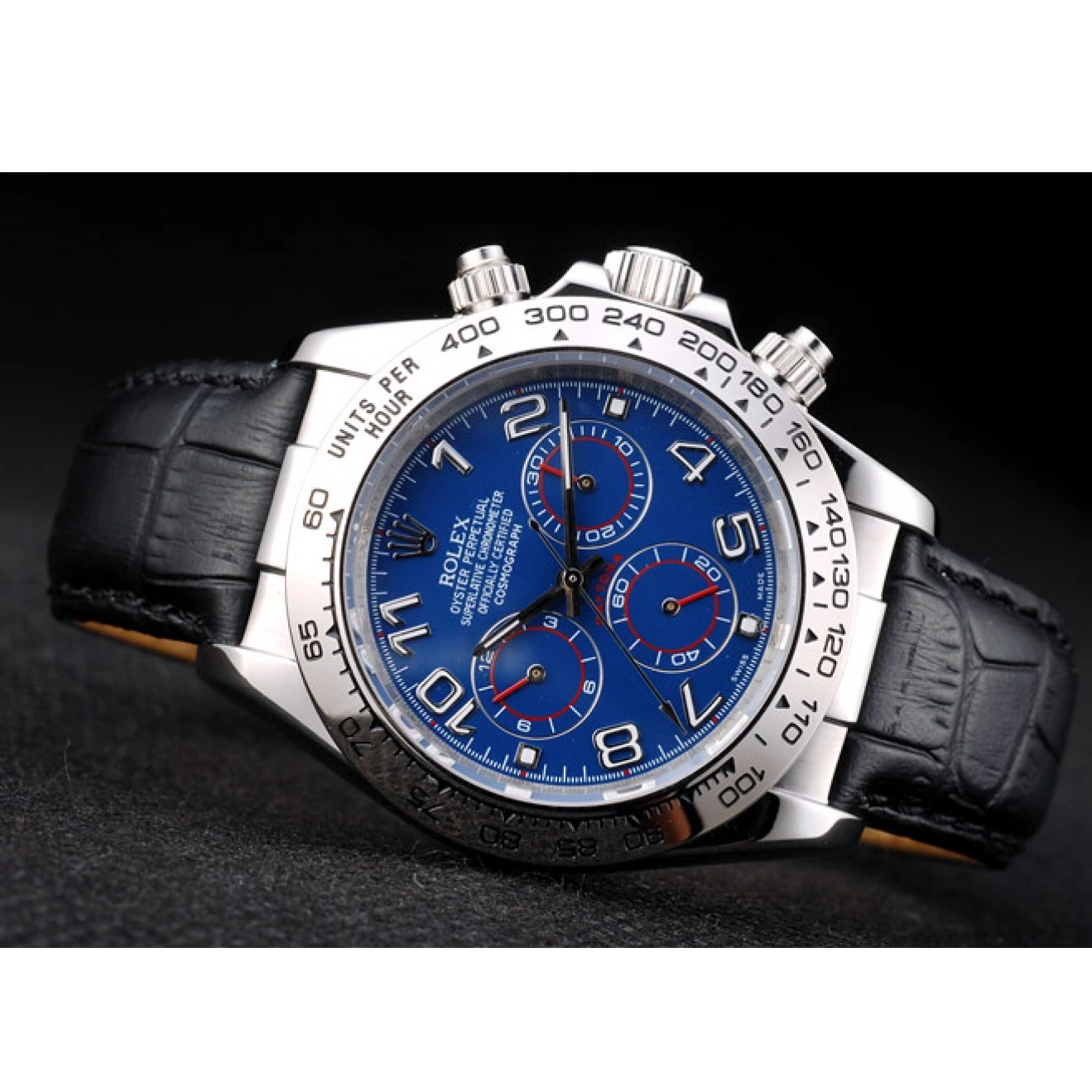 Best AAA Replica Sites Case Stainless Leather Steel Rolex Blue Daytona Dial Black Strap 0518